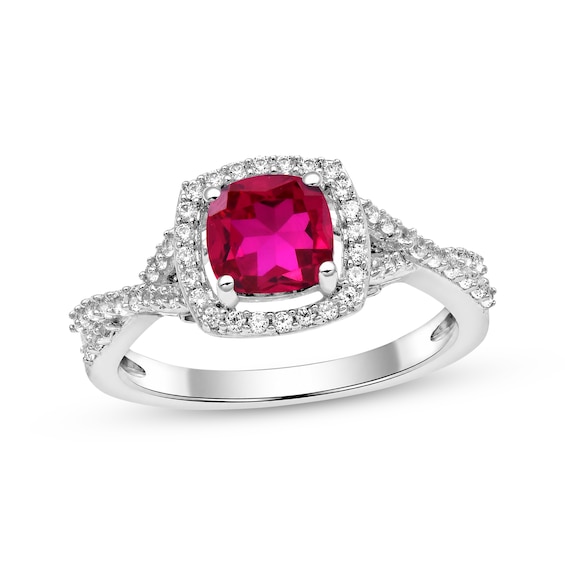 Cushion-Cut Lab-Created Ruby & White Lab-Created Sapphire Halo Ring Sterling Silver