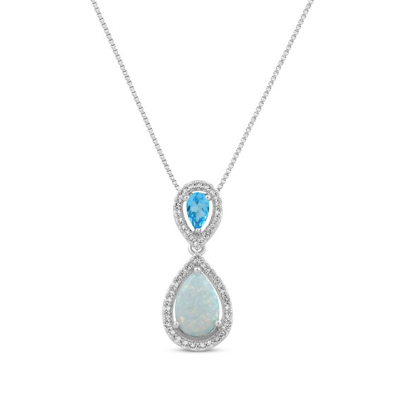 Pear-Shaped Swiss Blue Topaz, Lab-Created Opal, & White Lab-Created Sapphire Necklace Sterling Silver 18"