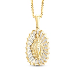 Men's White & Black Diamond Blessed Mother Diamond-Cut Necklace 1/6 ct tw 10K Yellow Gold 22"