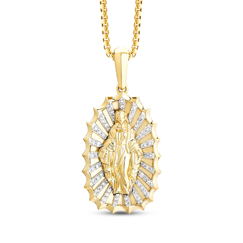 Main Image 1 of Men's White & Black Diamond Blessed Mother Diamond-Cut Necklace 1/6 ct tw 10K Yellow Gold 22"