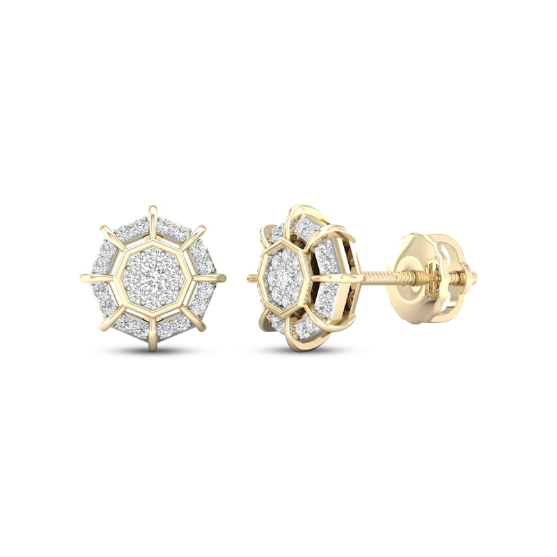 Men's Multi-Diamond Center Octagon Halo Stud Earrings 1/6 ct tw 10K Yellow Gold