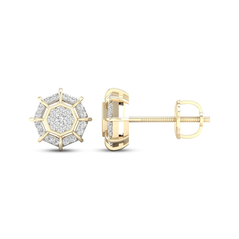 Men's Multi-Diamond Center Octagon Halo Stud Earrings 1/6 ct tw 10K Yellow Gold