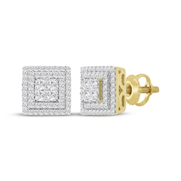 Multi-Diamond Square Double Halo Stud Earrings 3/4 ct tw 10K Yellow Gold