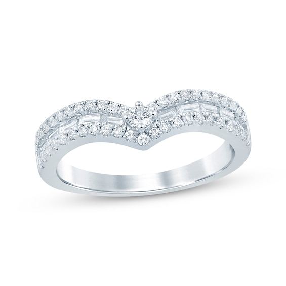 Baguette & Round-Cut Diamond Chevron Anniversary Ring 5/8 ct tw 14K White Gold