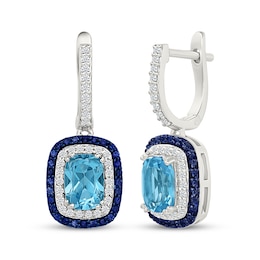 Cushion-Cut Swiss Blue Topaz, Blue & White Lab-Created Sapphire Dangle Hoop Earrings Sterling Silver