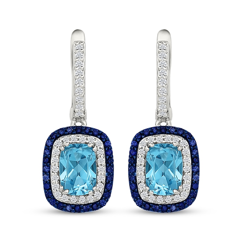 Main Image 2 of Cushion-Cut Swiss Blue Topaz, Blue & White Lab-Created Sapphire Dangle Hoop Earrings Sterling Silver