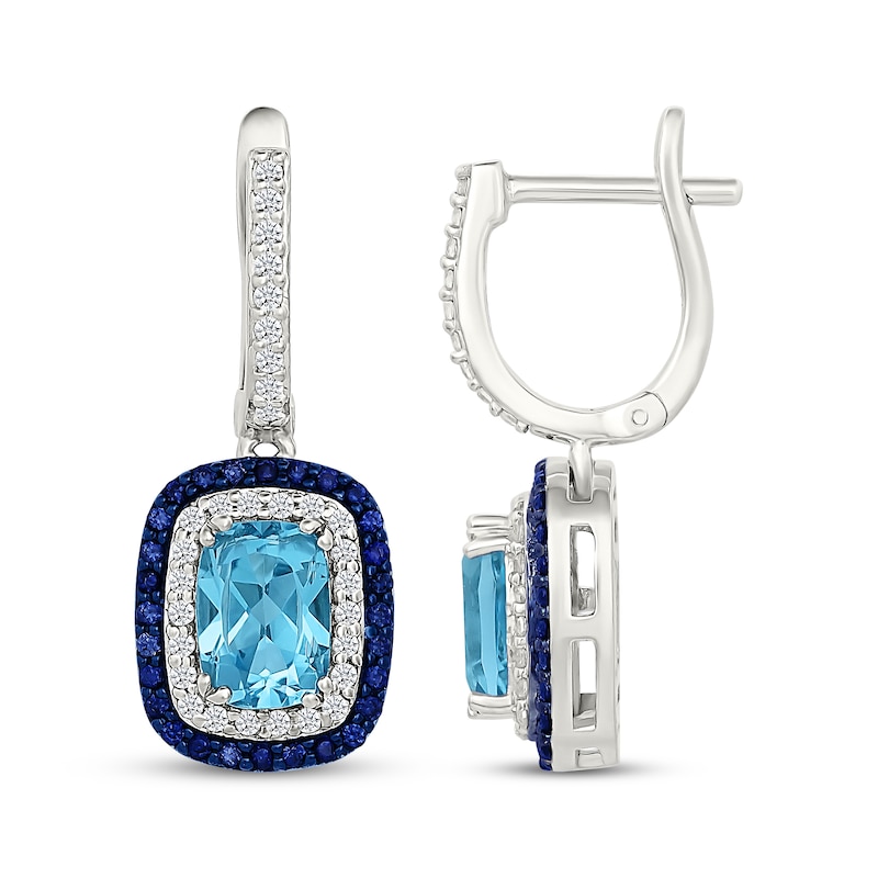 Main Image 3 of Cushion-Cut Swiss Blue Topaz, Blue & White Lab-Created Sapphire Dangle Hoop Earrings Sterling Silver