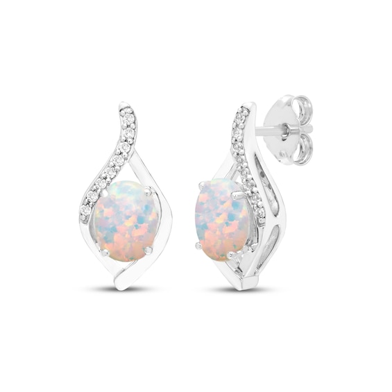 Oval-Cut Lab-Created Opal & White Lab-Created Sapphire Drop Earrings Sterling Silver