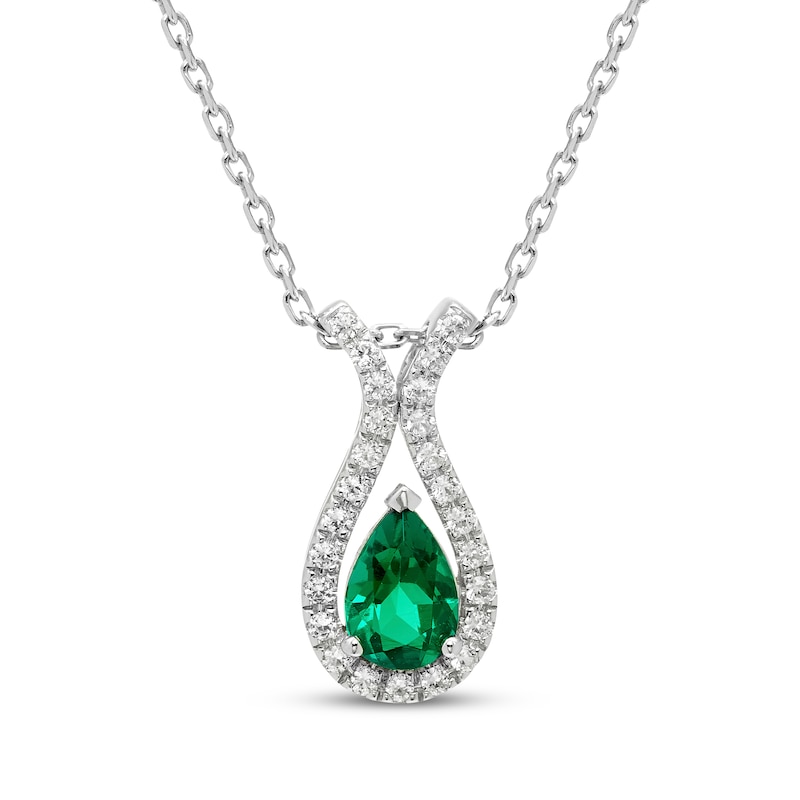 Main Image 1 of Pear-Shaped Lab-Created Emerald & White Lab-Created Sapphire Drop Necklace Sterling Silver 18"