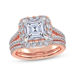 Adore Square Emerald-Cut Lab-Grown Diamond Halo Split Shank Bridal Set 3 ct tw 14K Rose Gold