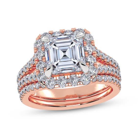 Adore Square Emerald-Cut Lab-Grown Diamond Halo Split Shank Bridal Set 3 ct tw 14K Rose Gold