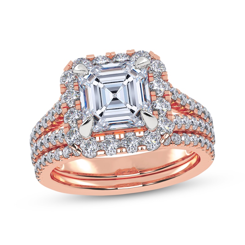 Main Image 1 of Adore Square Emerald-Cut Lab-Grown Diamond Halo Split Shank Bridal Set 3 ct tw 14K Rose Gold