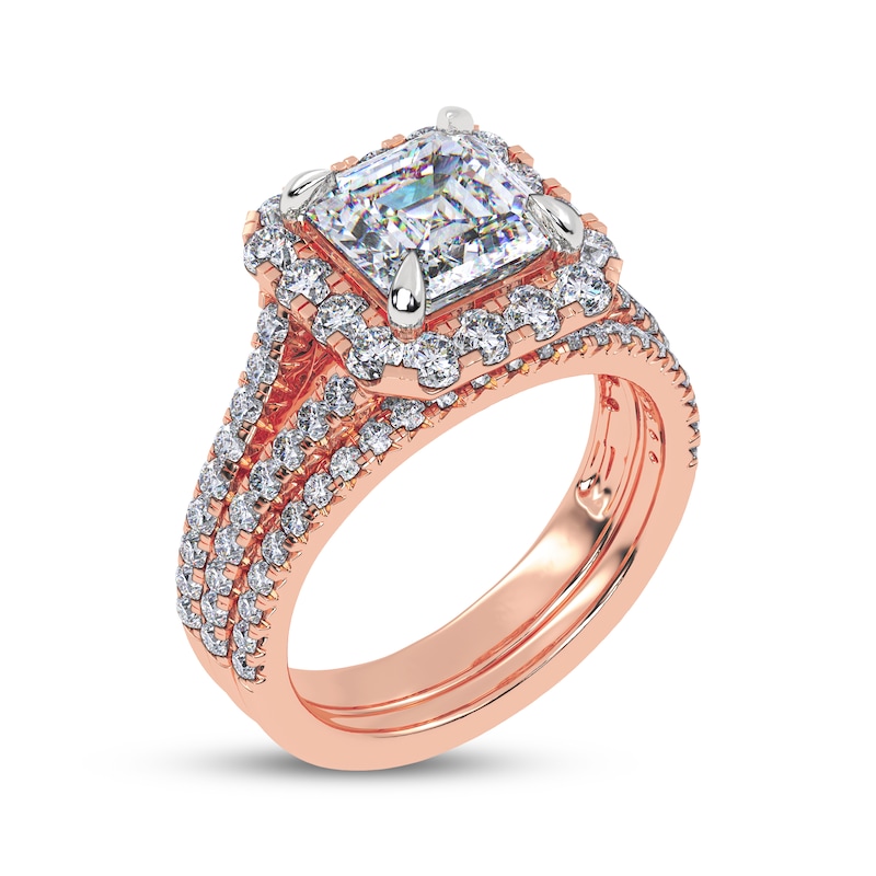 Main Image 2 of Adore Square Emerald-Cut Lab-Grown Diamond Halo Split Shank Bridal Set 3 ct tw 14K Rose Gold