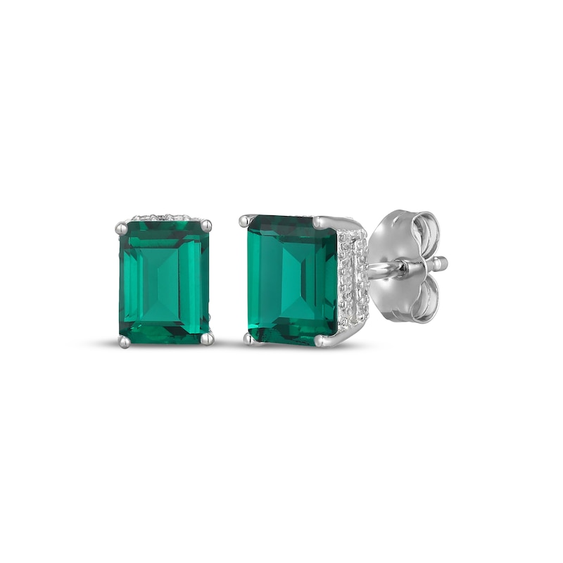 Main Image 1 of Emerald-Cut Lab-Created Emerald & White Lab-Created Sapphire Hidden Halo Stud Earrings Sterling Silver