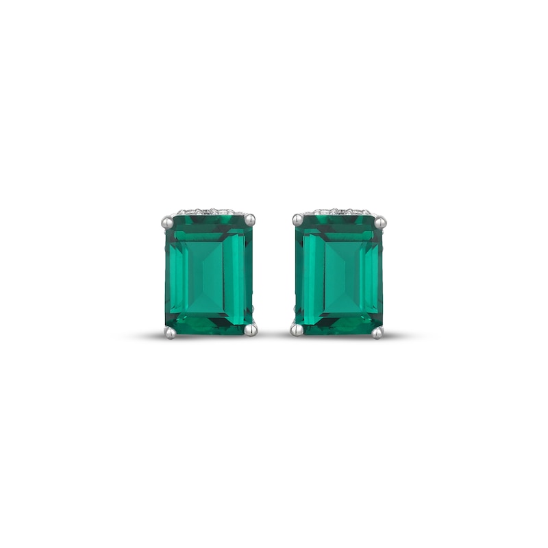 Main Image 2 of Emerald-Cut Lab-Created Emerald & White Lab-Created Sapphire Hidden Halo Stud Earrings Sterling Silver
