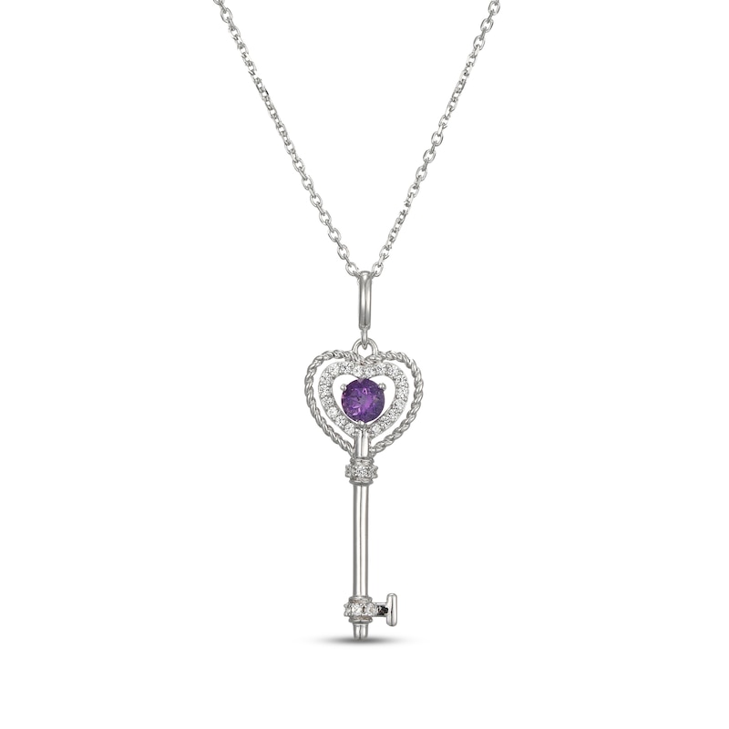 Main Image 1 of Amethyst & White Lab-Created Sapphire Heart Key Necklace Sterling Silver 18"