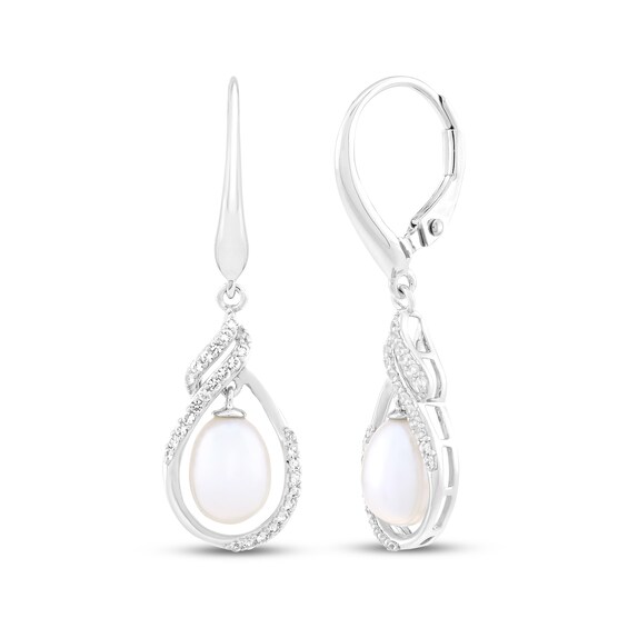 Cultured Pearl & White Lab-Created Sapphire Drop Earrings Sterling Silver