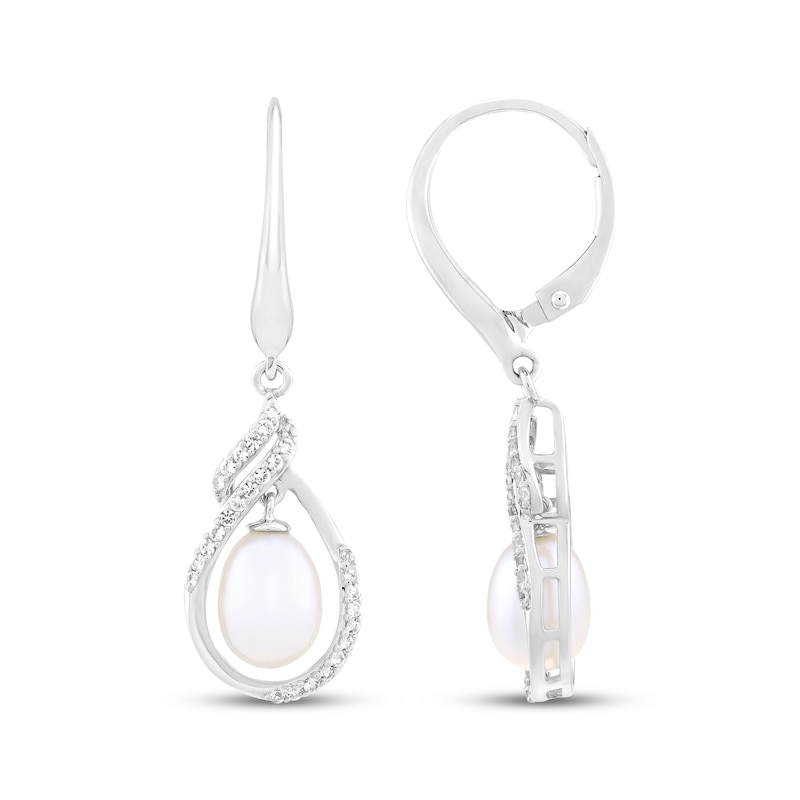 Main Image 3 of Cultured Pearl & White Lab-Created Sapphire Drop Earrings Sterling Silver