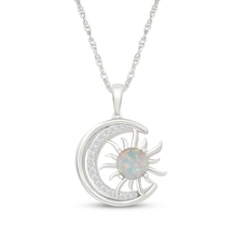 Lab-Created Opal & White Lab-Created Sapphire Crescent Moon & Sun Necklace Sterling Silver 18"