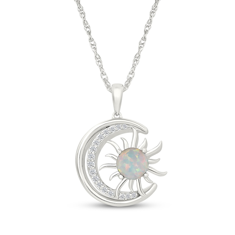 Main Image 1 of Lab-Created Opal & White Lab-Created Sapphire Crescent Moon & Sun Necklace Sterling Silver 18"