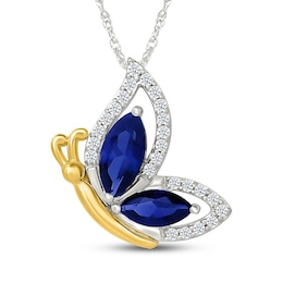Marquise-Cut Blue Lab-Created Sapphire & White Lab-Created Sapphire Butterfly Necklace Sterling Silver & 10K Yellow Gold 18"