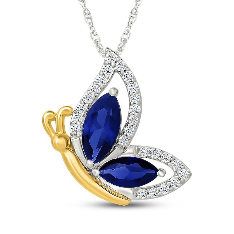 Main Image 1 of Marquise-Cut Blue Lab-Created Sapphire & White Lab-Created Sapphire Butterfly Necklace Sterling Silver & 10K Yellow Gold 18"