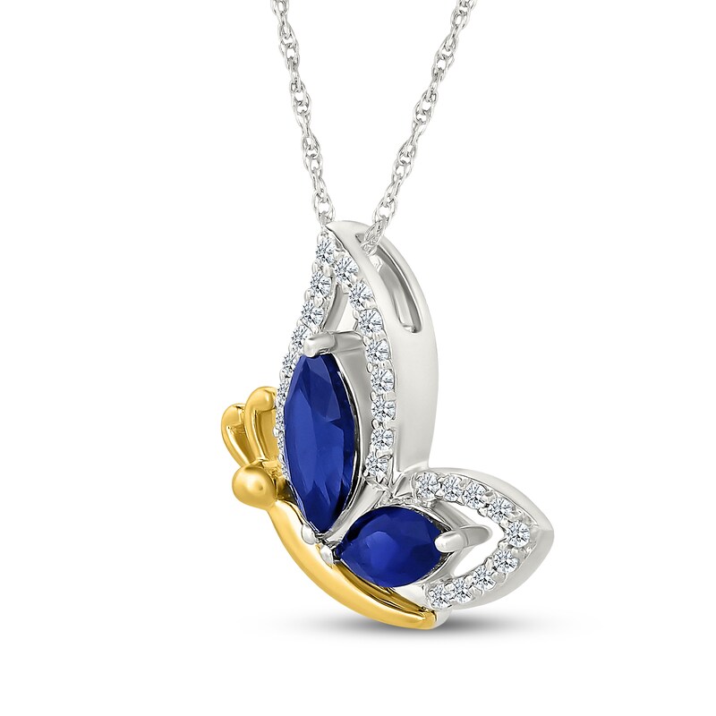 Main Image 2 of Marquise-Cut Blue Lab-Created Sapphire & White Lab-Created Sapphire Butterfly Necklace Sterling Silver & 10K Yellow Gold 18"