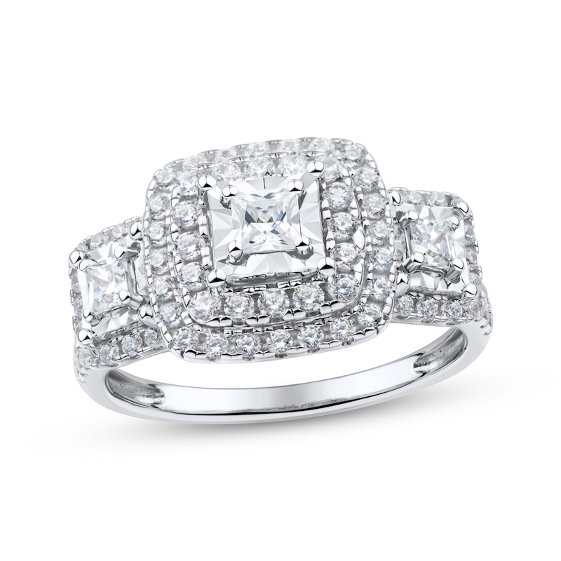 Main Image 1 of Adore Princess-Cut Diamond Three-Stone Halo Engagement Ring 1 ct tw 10K White Gold