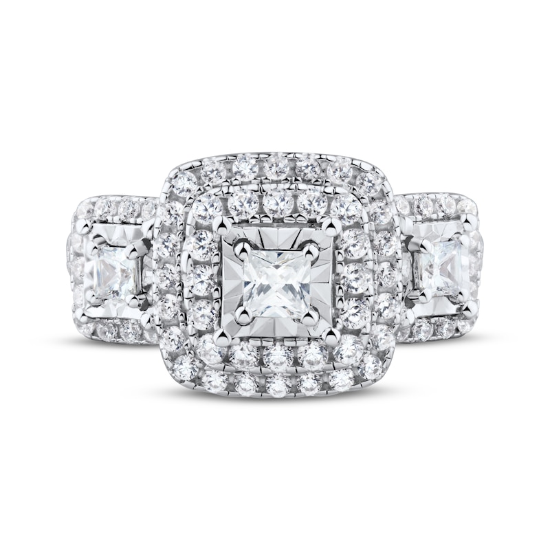 Main Image 3 of Adore Princess-Cut Diamond Three-Stone Halo Engagement Ring 1 ct tw 10K White Gold