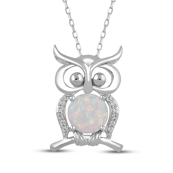 Lab-Created Opal & White Lab-Created Sapphire Owl Necklace Sterling Silver 18"