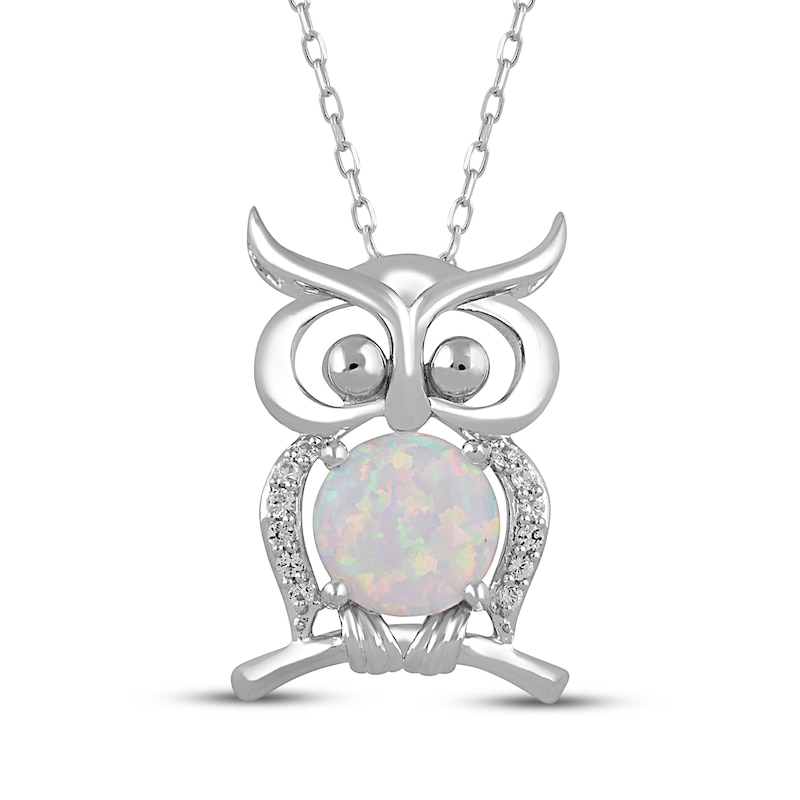 Main Image 1 of Lab-Created Opal & White Lab-Created Sapphire Owl Necklace Sterling Silver 18"