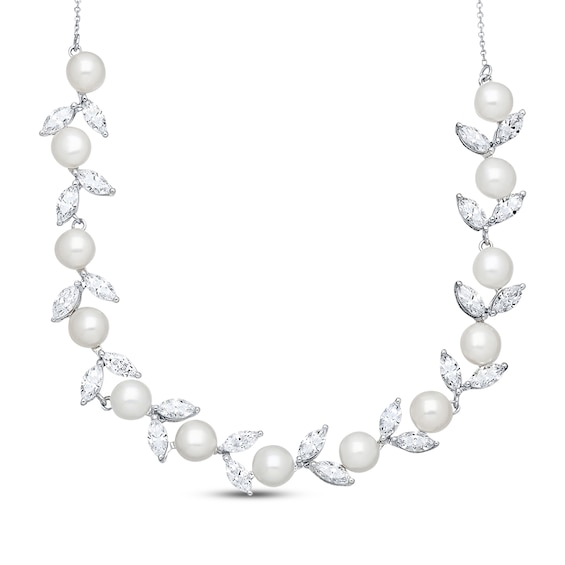 Cultured Pearl & Cubic Zirconia Necklace Sterling Silver 18