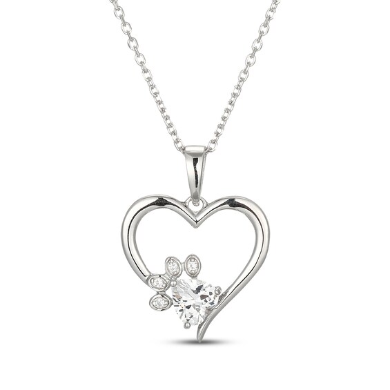Heart-Shaped White Lab-Created Sapphire Paw Print Heart Necklace Sterling Silver 18"