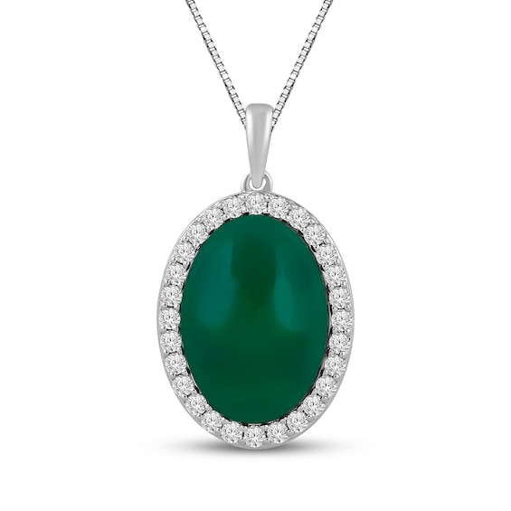 Oval-Cut Green Onyx & White Lab-Created Sapphire Halo Necklace Sterling Silver 18"
