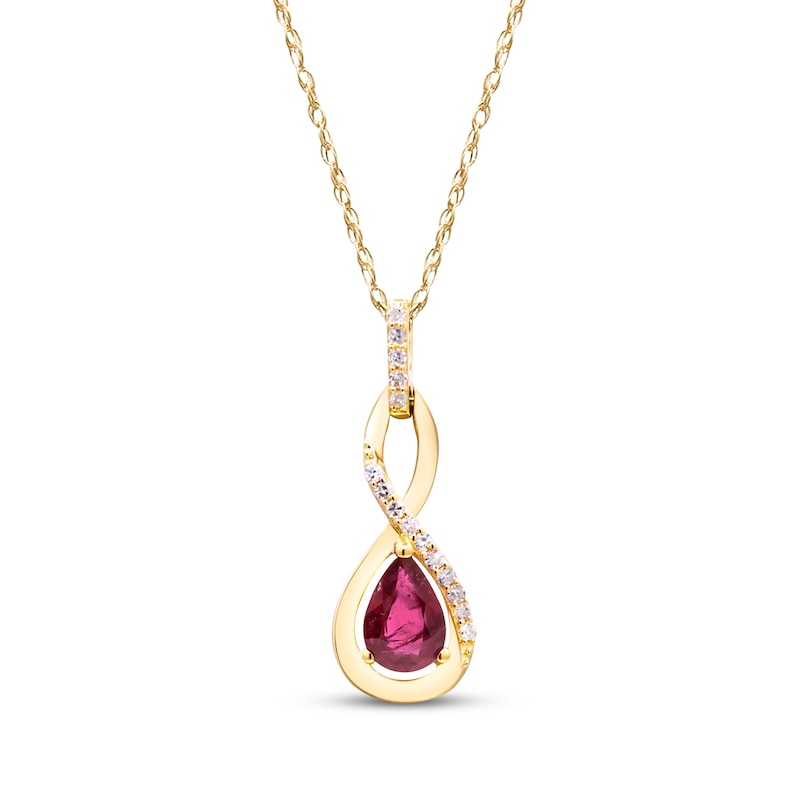 Main Image 1 of Pear-Shaped Ruby & Diamond Drop Necklace 1/20 ct tw 10K Yellow Gold 18"