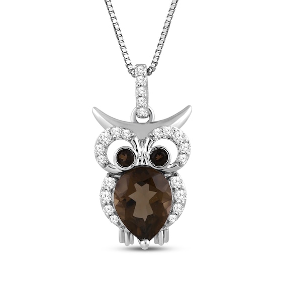 Smoky Quartz & White Lab-Created Sapphire Owl Necklace Sterling Silver 18"