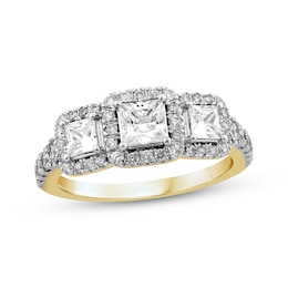 Princess-Cut Diamond Three-Stone Halo Engagement Ring 1-1/2 ct tw 14K Yellow Gold