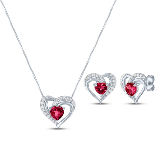 Heart-Shaped Lab-Created Ruby & White Lab-Created Sapphire Gift Set Sterling Silver