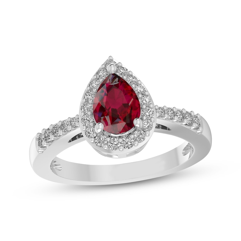 Main Image 1 of Pear-Shaped Lab-Created Ruby & White Lab-Created Sapphire Halo Ring Sterling Silver