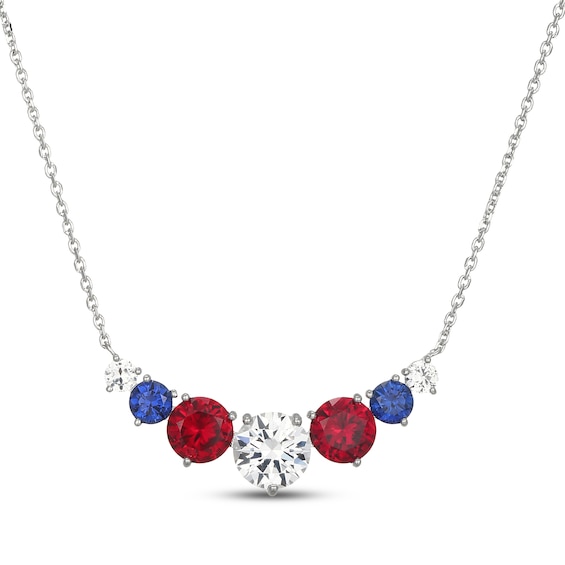 Lab-Created Ruby, Blue & White Lab-Created Sapphire Curved Necklace Sterling Silver 18"