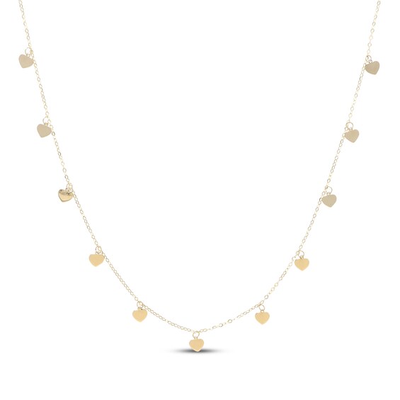 Polished Heart Dangle Station Necklace Solid 10K Yellow Gold 18"