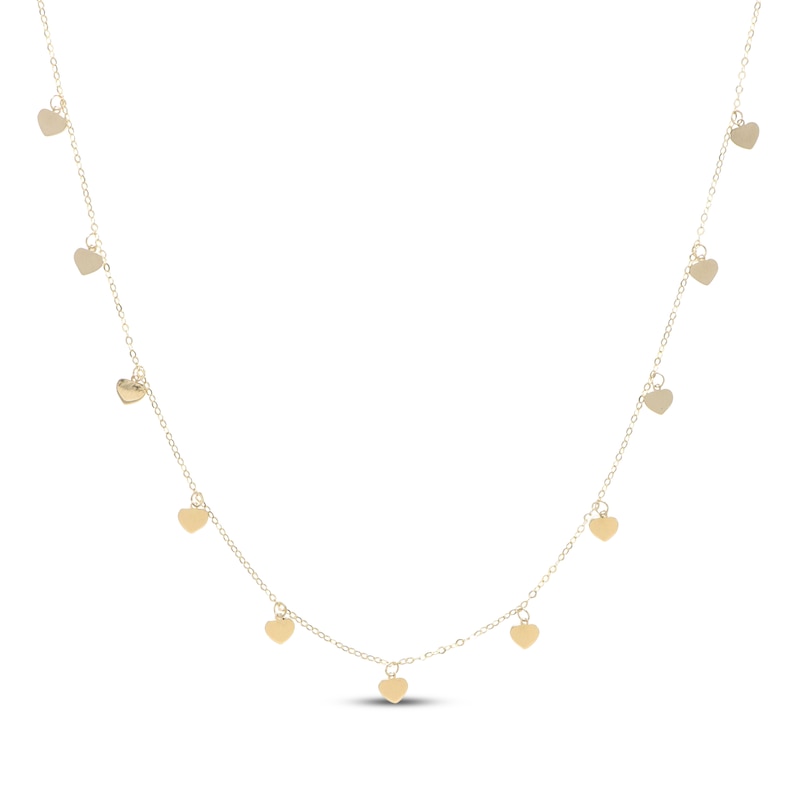 Main Image 1 of Polished Heart Dangle Station Necklace Solid 10K Yellow Gold 18"