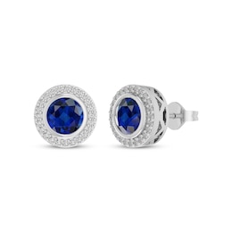 Blue & White Lab-Created Sapphire Halo Stud Earrings Sterling Silver