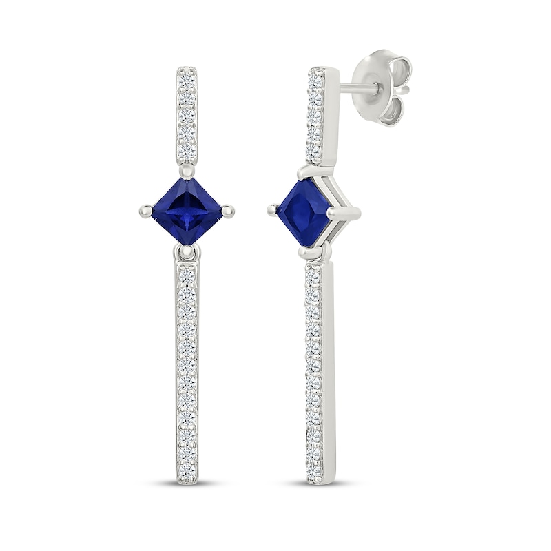 Main Image 1 of Square-Cut Blue & White Lab-Created Sapphire Drop Earrings Sterling Silver