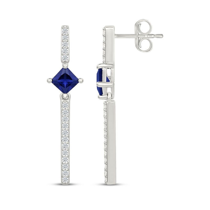 Main Image 3 of Square-Cut Blue & White Lab-Created Sapphire Drop Earrings Sterling Silver