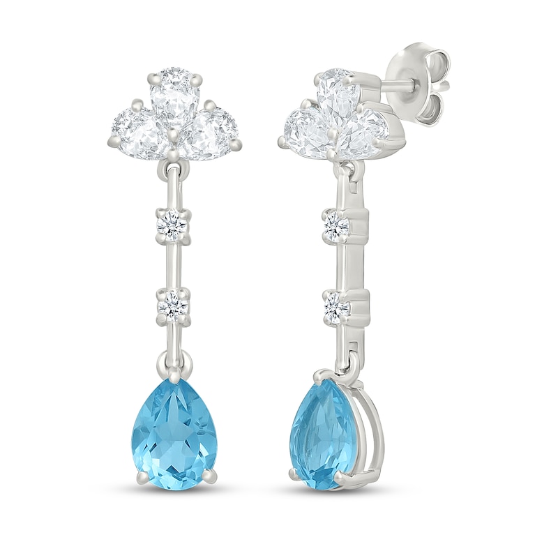Main Image 1 of Pear-Shaped Swiss Blue Topaz & White Lab-Created Sapphire Station Drop Earrings Sterling Silver