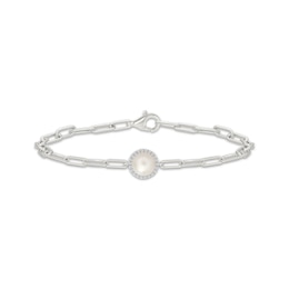 Cultured Pearl & White Lab-Created Sapphire Halo Paperclip Chain Bracelet Sterling Silver 7.5"