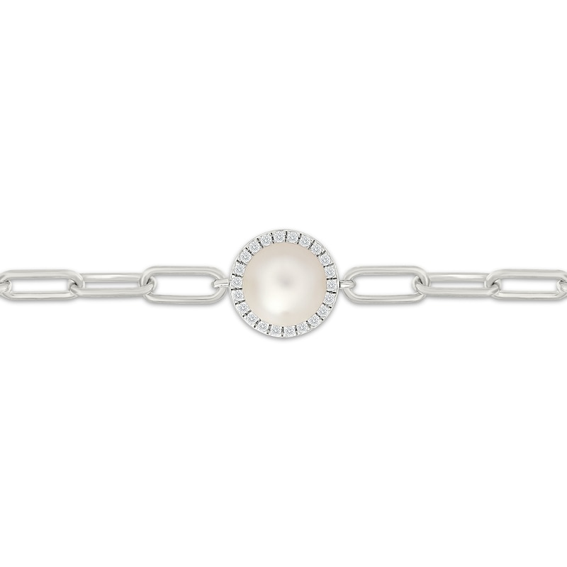 Main Image 2 of Cultured Pearl & White Lab-Created Sapphire Halo Paperclip Chain Bracelet Sterling Silver 7.5"