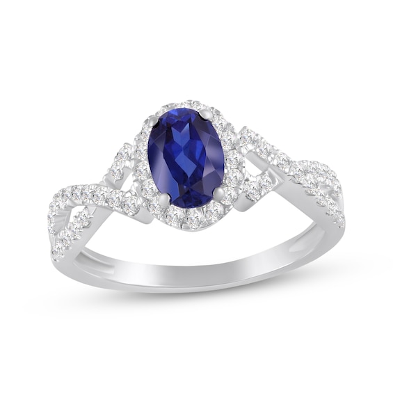 Oval-Cut Blue Lab-Created Sapphire & White Lab-Created Sapphire Halo Ring Sterling Silver