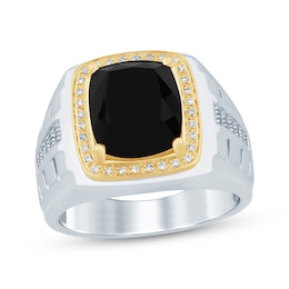 Men's Cushion-Cut Black Onyx & Diamond Signet Ring 1/6 ct tw Sterling Silver & 10K Yellow Gold